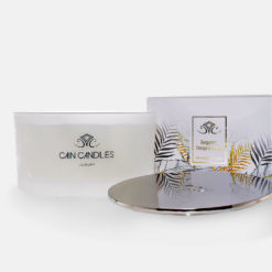 substantial luxury multi-wick container candle with heavy cast polished metal lid and gorgeous gold foiled leaf design presentation packaging