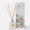 luxury reed diffuser with natural rattan reeds and gorgeous gold foiled leaf design presentation packaging
