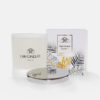 luxury single wick candle with polished stainless steel lid and gorgeous gold foiled leaf design presentation packaging