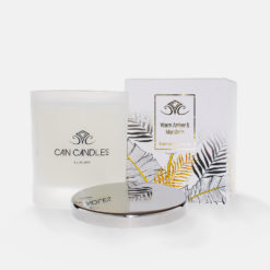 luxury single wick candle with polished stainless steel lid and gorgeous gold foiled leaf design presentation packaging