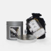single wick metallic grey travel candle, with a luxurious velvet pouch and soft touch gift labelling