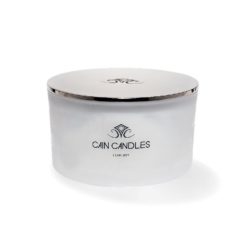 substantial luxury multi-wick container candle with heavy cast polished metal lid