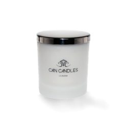 substantial luxury single-wick candle with polished stainless steel lid