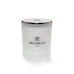 substantial luxury single-wick container candle with heavy polished cast metal lid