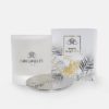 luxury single wick candle with heavy highly polished cast metal lid and gorgeous gold foiled leaf design presentation packaging